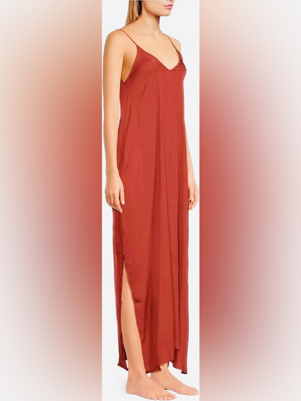 Van Winkle & Co Red Washed Satin Sleeveless V-Neck Maxi Chemise, size L